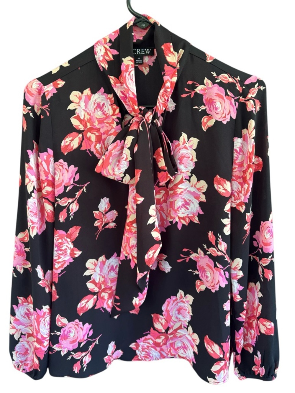 EUC J. Crew Tie Neck Long Sleeve Midnight Rose Top XS